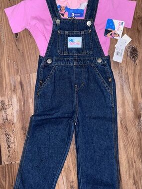 Ms Rachel Dark Blue Denim Overalls with Pink/Purple Tee and headband